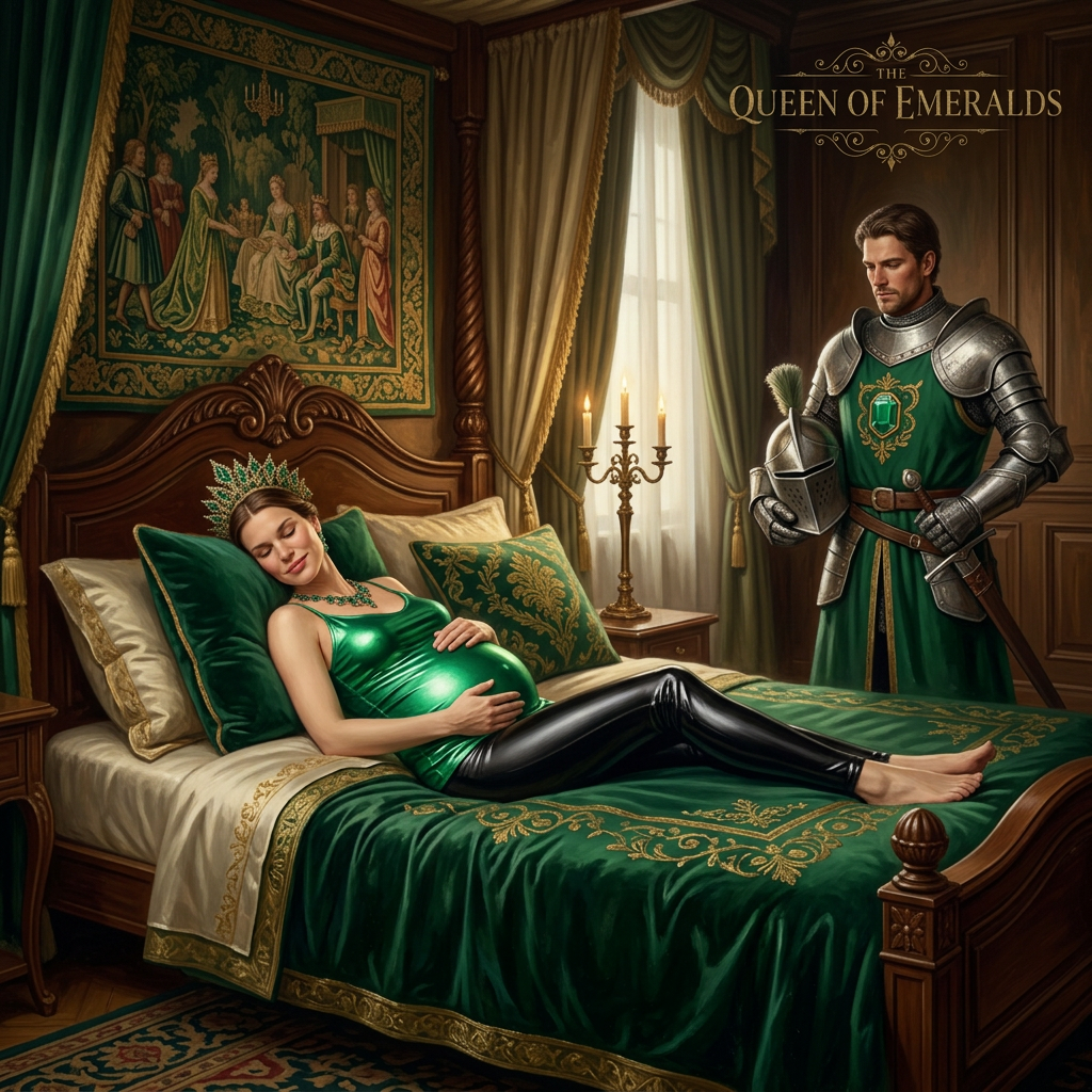 AI Design for this beautiful pregnant queen of emerald is laying on a bed while knight is watching her
