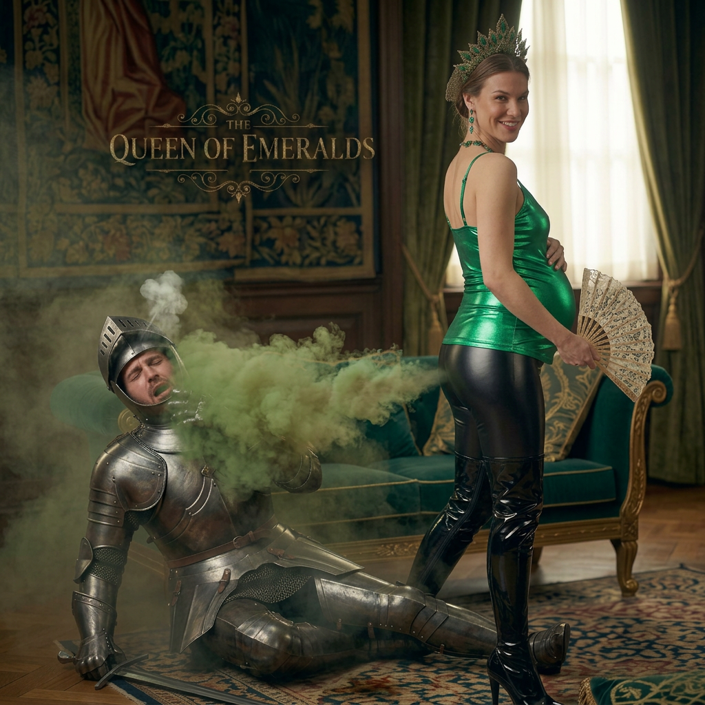 AI Design for this beautiful pregnant queen of emerald farted in the knights face