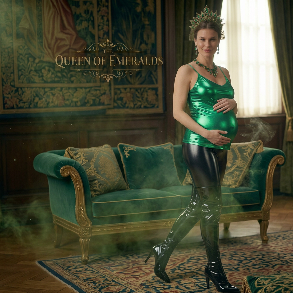AI Design for this beautiful pregnant queen of emerald is farting while showing hot pose and it stinks