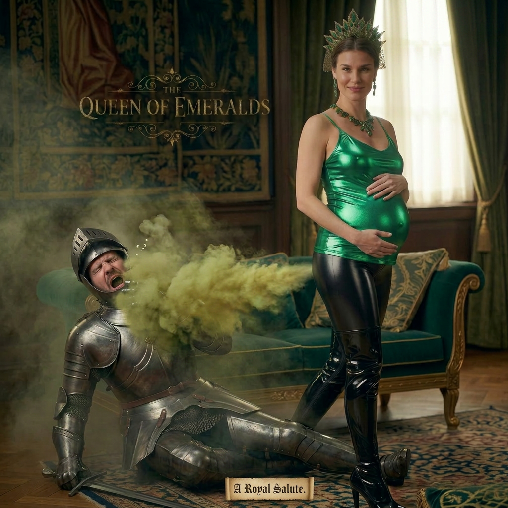 AI Design for this beautiful pregnant queen of emerald just farted very close to the knights face
