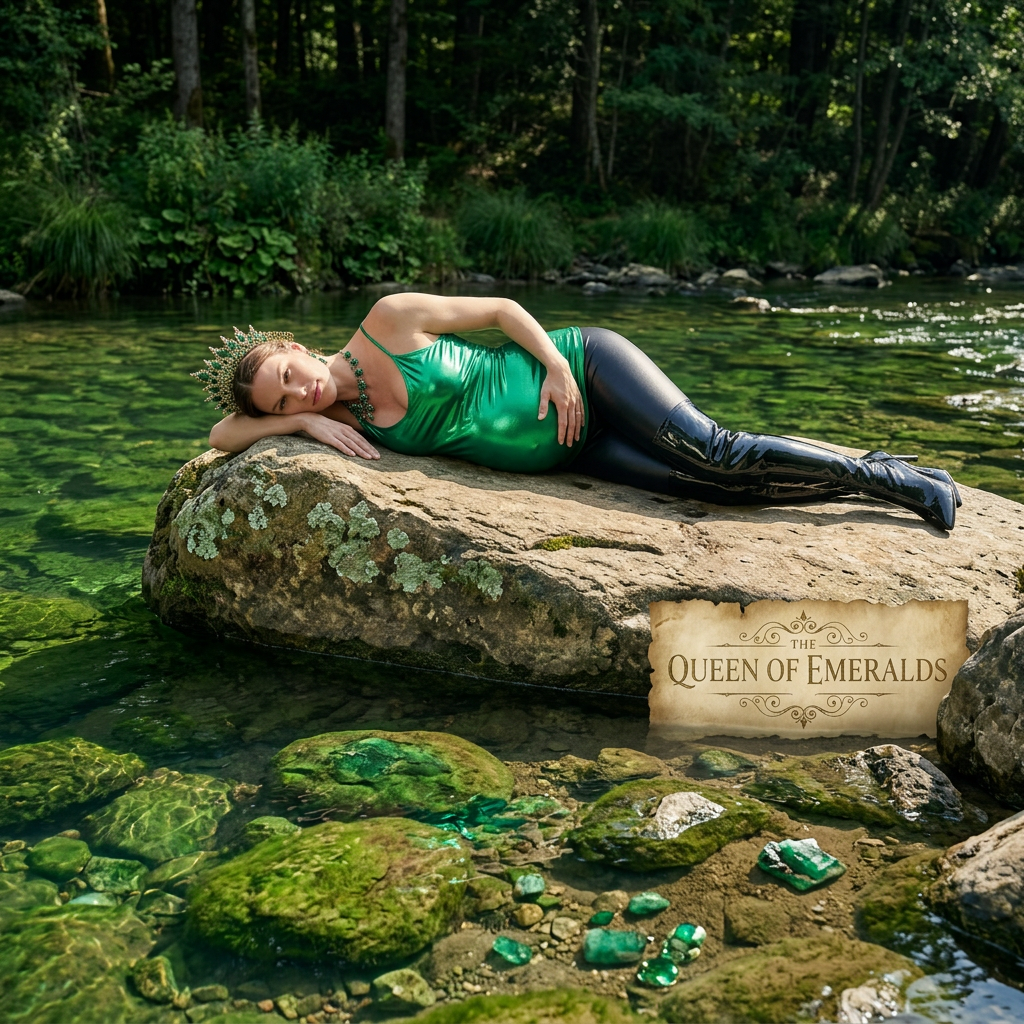 AI Design for this beautiful pregnant queen of emerald is laying on her stomach on a rock in a river