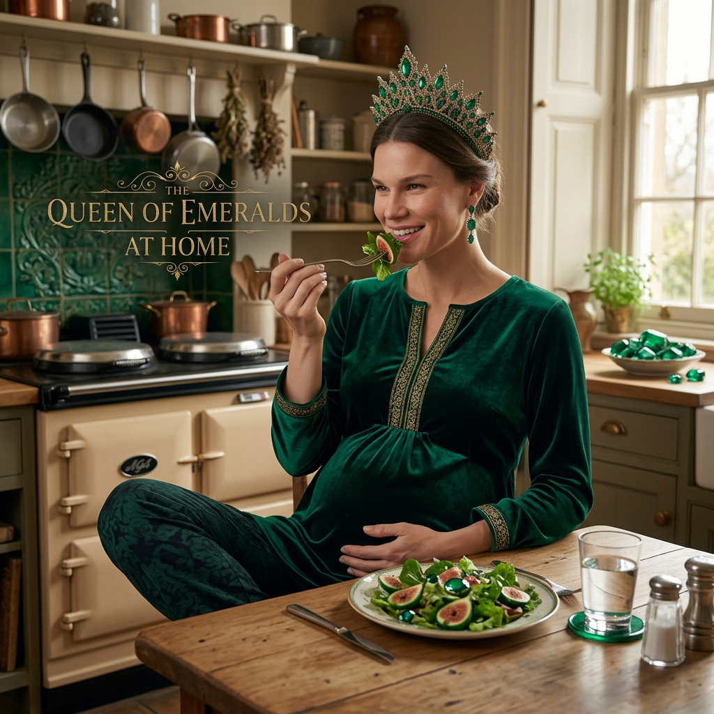 AI Design for this beautiful pregnant queen of emerald is sitting with crossed legs in a kitchen while eating