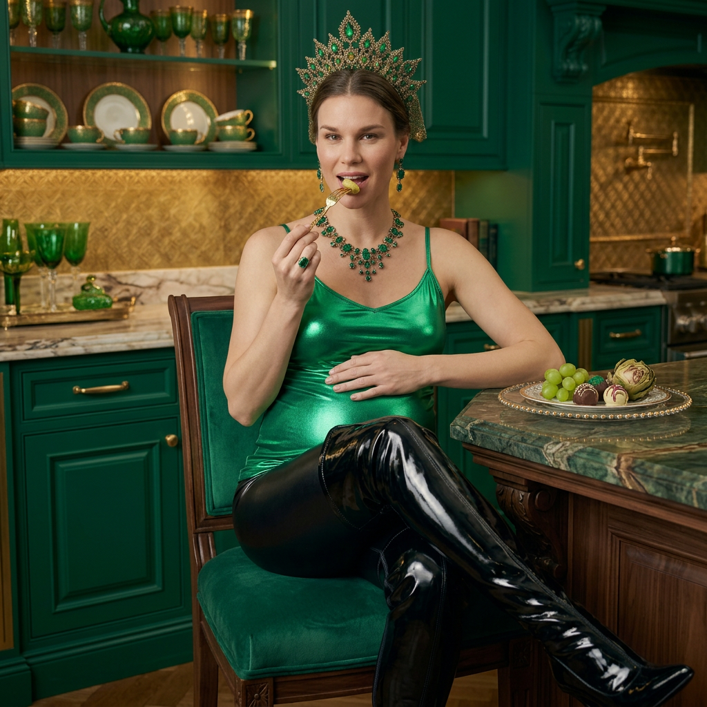 AI Design for this beautiful pregnant queen of emerald is sitting with crossed legs in a kitchen while eating and come close to her