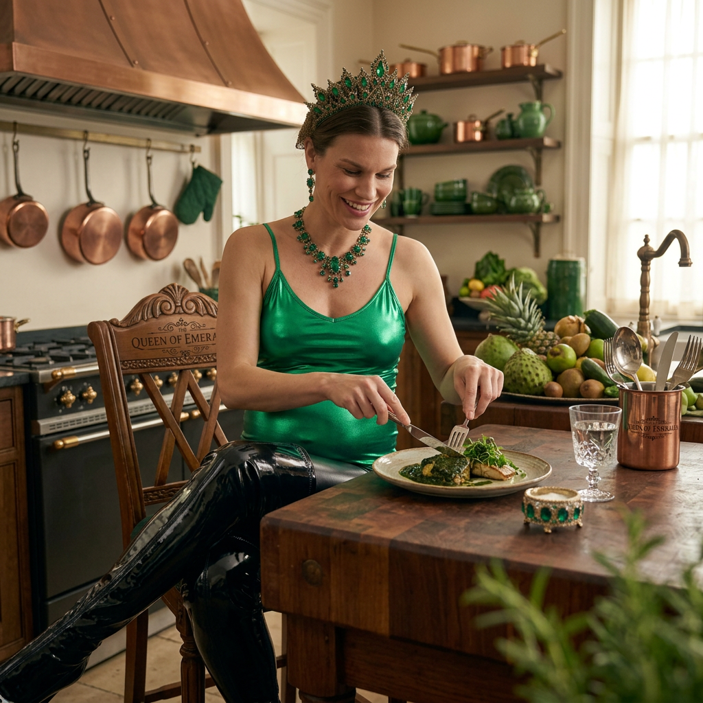 AI Design for this beautiful pregnant queen of emerald is sitting with crossed legs in a kitchen while eating and come close to her