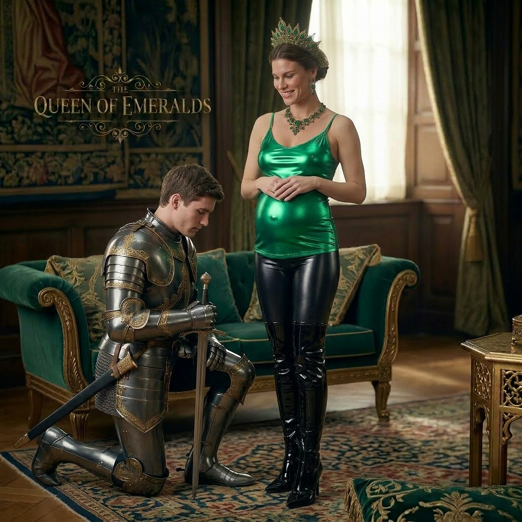 AI Design for this beautiful pregnant queen of emerald is standing in front of a kneeling knight and she is smiling at him