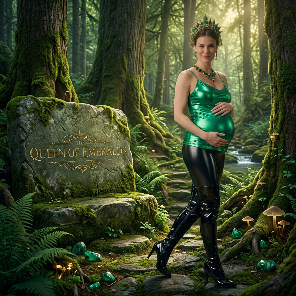 AI Design for this beautiful pregnant queen of emerald is going outside in the forest