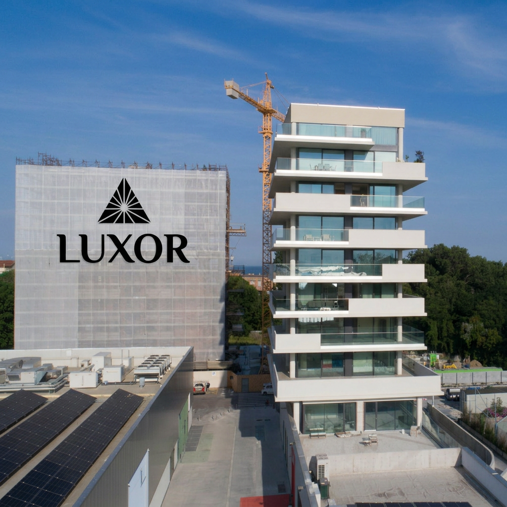 AI Design for NEL PALAZZO IN COSTRUZIONE QUELLO A SINISTRA INSERIRE UN LOGO CON SCRITTA LUXOR IN NERO
