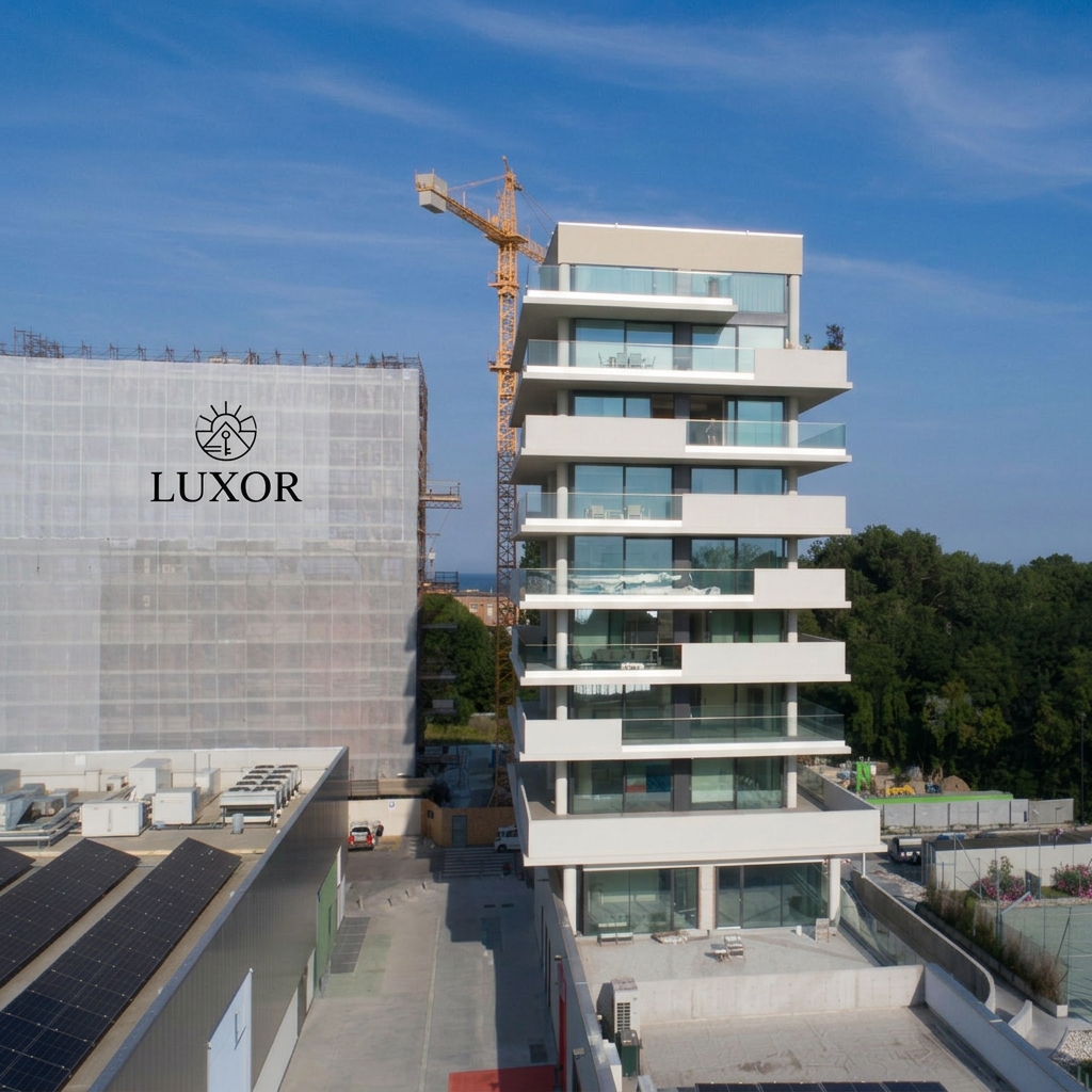 AI Design for NEL PALAZZO IN COSTRUZIONE QUELLO A SINISTRA INSERIRE UN LOGO CON SCRITTA LUXOR IN NERO NON GRANDE