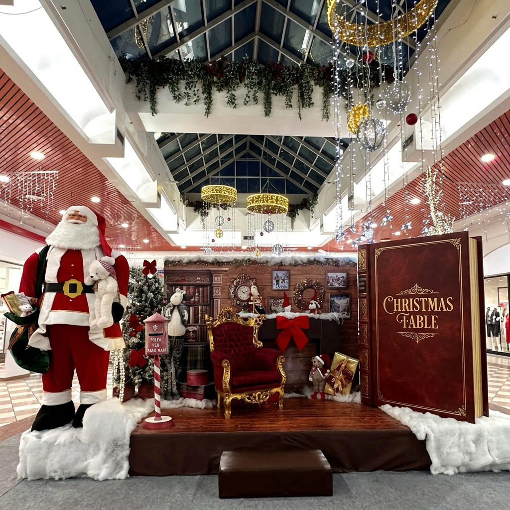 AI Design for ok così va bene. al posto dello gnomo, sulla destra della foto, inserisci un libro di cm 200 di altezza con scritto christmas fable