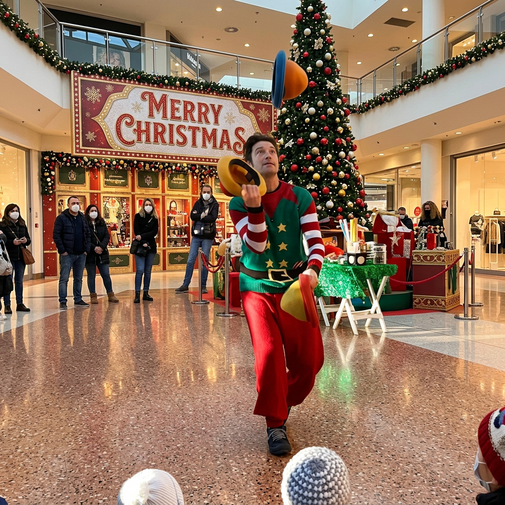 AI Design for INSEIRSCI LA PERSONA ALL'INTERNO DI UN CENTRO COMMERCIALE CON FONDALE CON SCRITTO MERRY CHRISTMAS