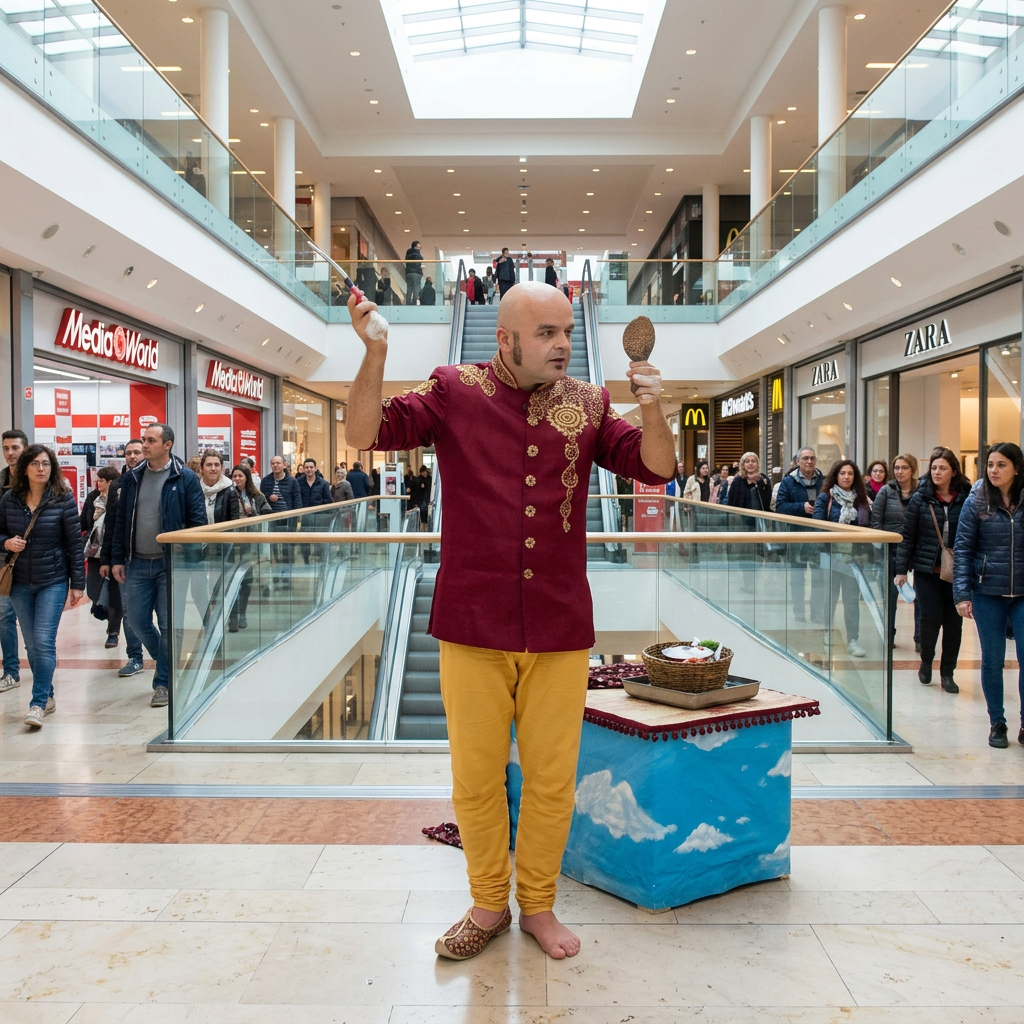AI Design for TOGLI IL FUOCO SOPRA LA TESTA E INSERISICLO IN UN CENTRO COMMERCIALE COME DA FOTO DI PRIMA.LUI DEVE ESSERE IN PIEDI