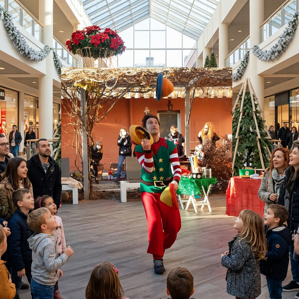 AI Design for no, mi serve che venga inserito in un contesto natalizio in un centro commerciale con persone che guardano SENZA mascherine sulla faccia. senza luci di natale ma con bambini che guardano.