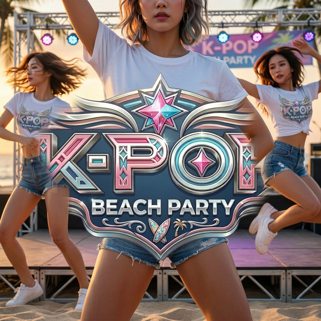 AI Design for ADESSO METTIAMOCI IL PALCO IN SPIAGGIA LE DUE BALLERINE LATERALI E UNA BALLERINA CENTRALE CON T-SHIRT E LOGO SULLA T-SHIRT