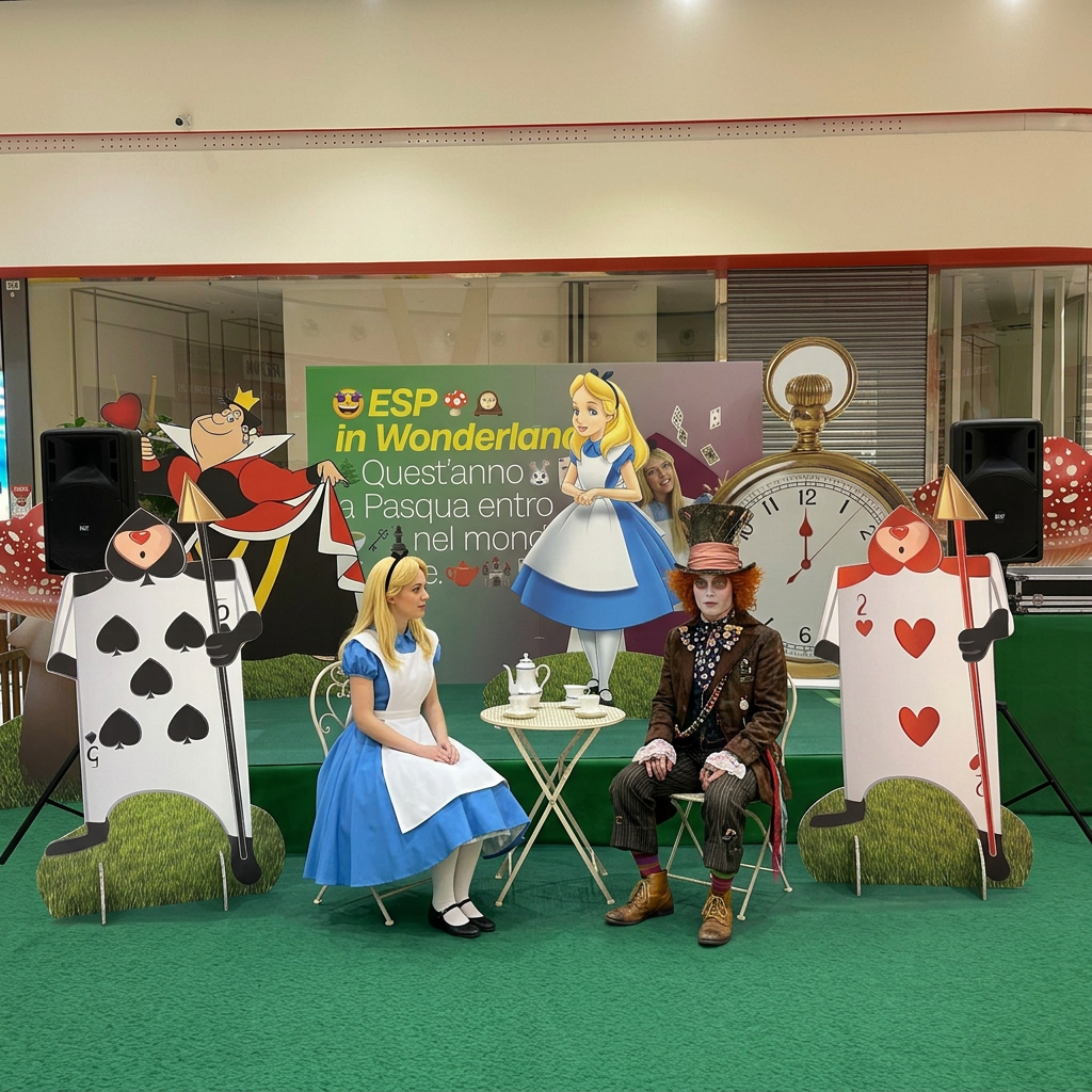 AI Design for TOGLI LE LUCI PER TERRA E METTI ALICE E IL CAPPELLAIO MATTO SEDUTI SULLE SEDIE