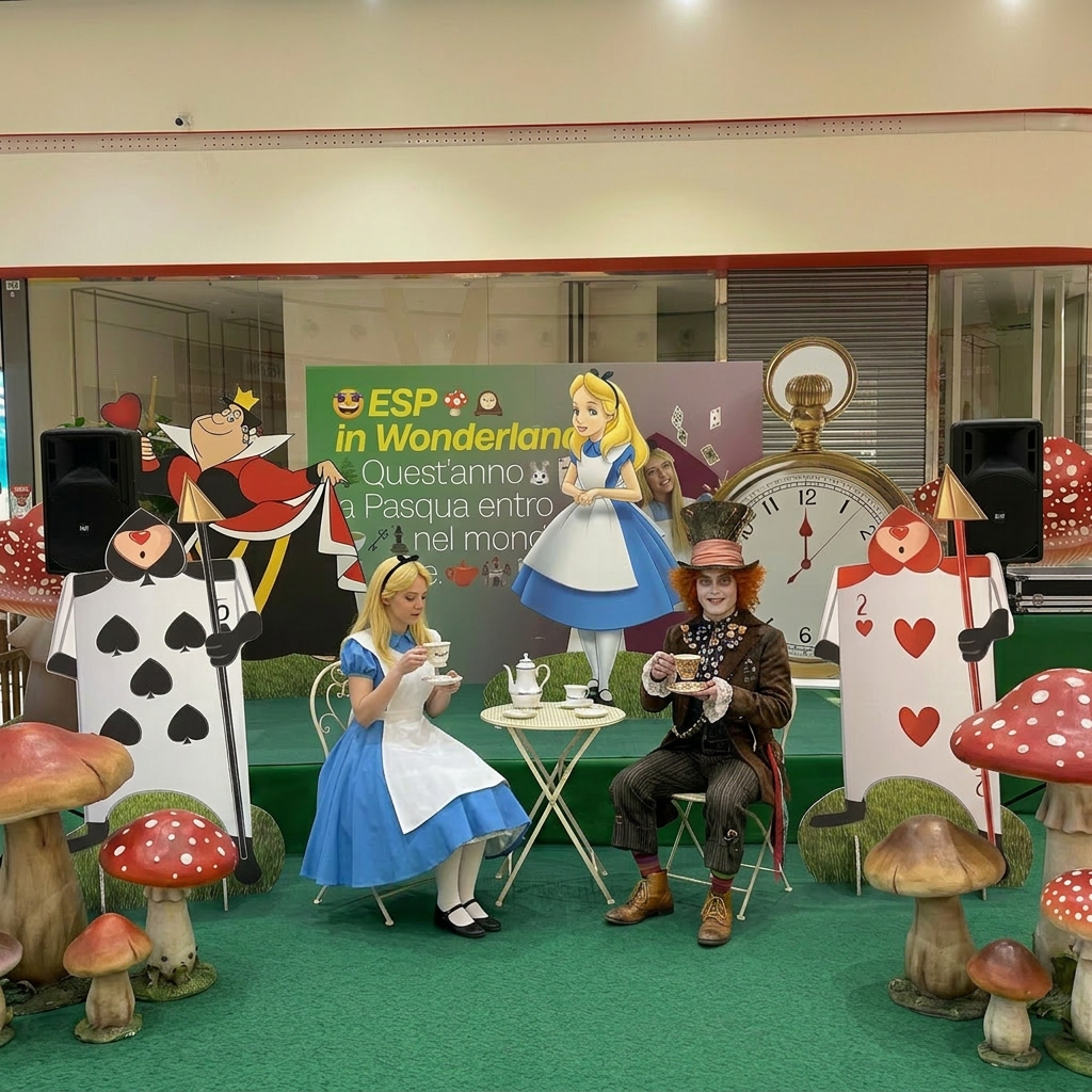 AI Design for MANCANO I FUNGHI TRIDIMENSIONALI. ALICE DEVE AVERE LA TAZZA IN MANO E ANCHE IL CAPPELLAIO MATTO DEVE AVERE LA TAZZA IN MANO E SORRIDERE GUARDANDO DAVANTI