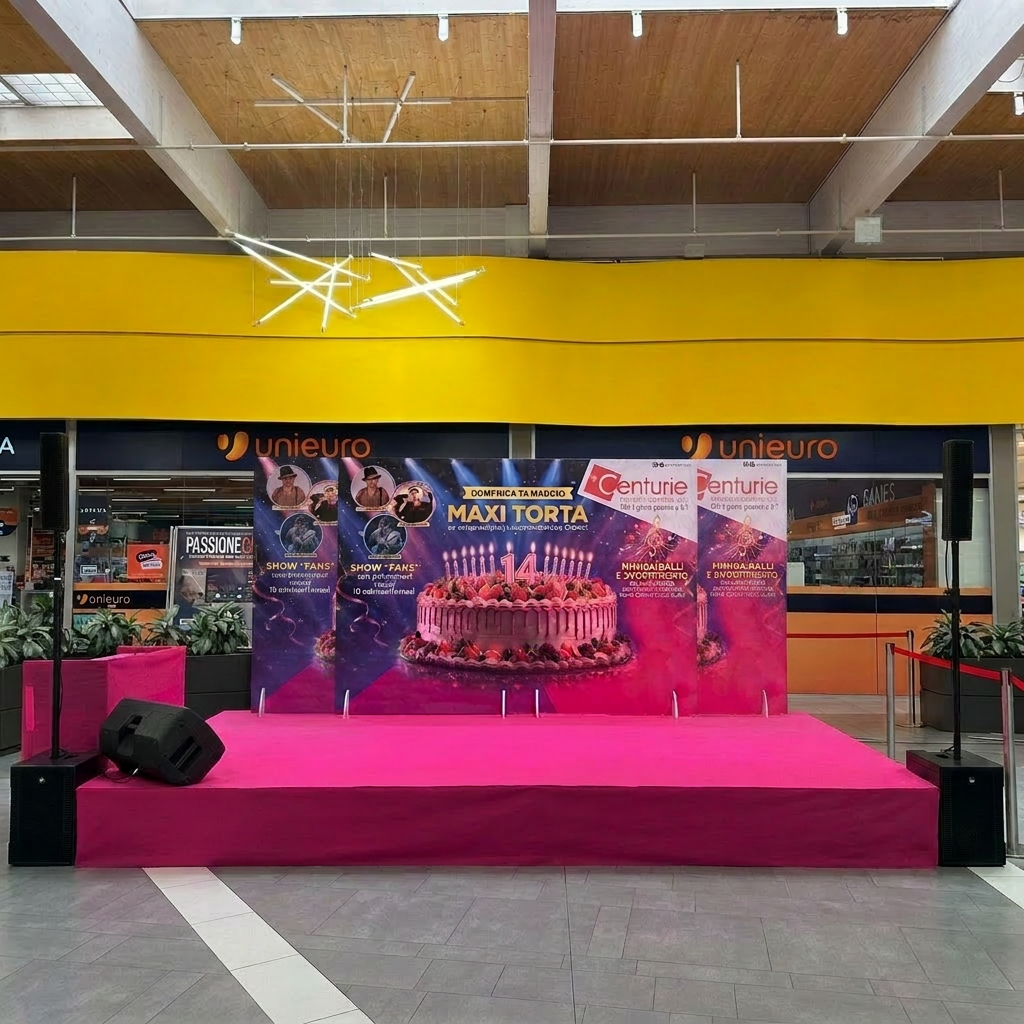 AI Design for fai il fondale  piu' largo come il palco ma centralo rispetto al palco