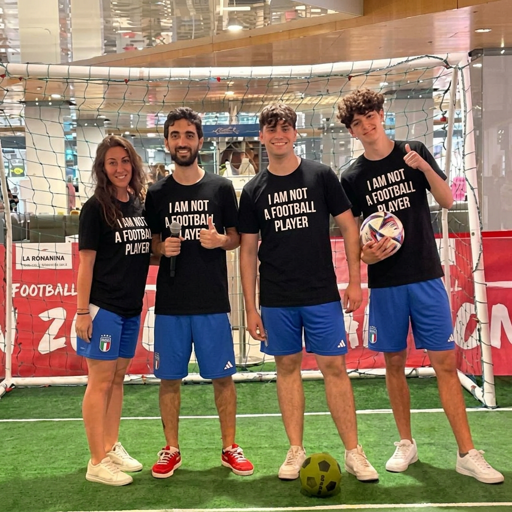 AI Design for ler persone in foto deveono indossare una maglia nera con scritto I AM NOT A FOOTBALL PLAYER