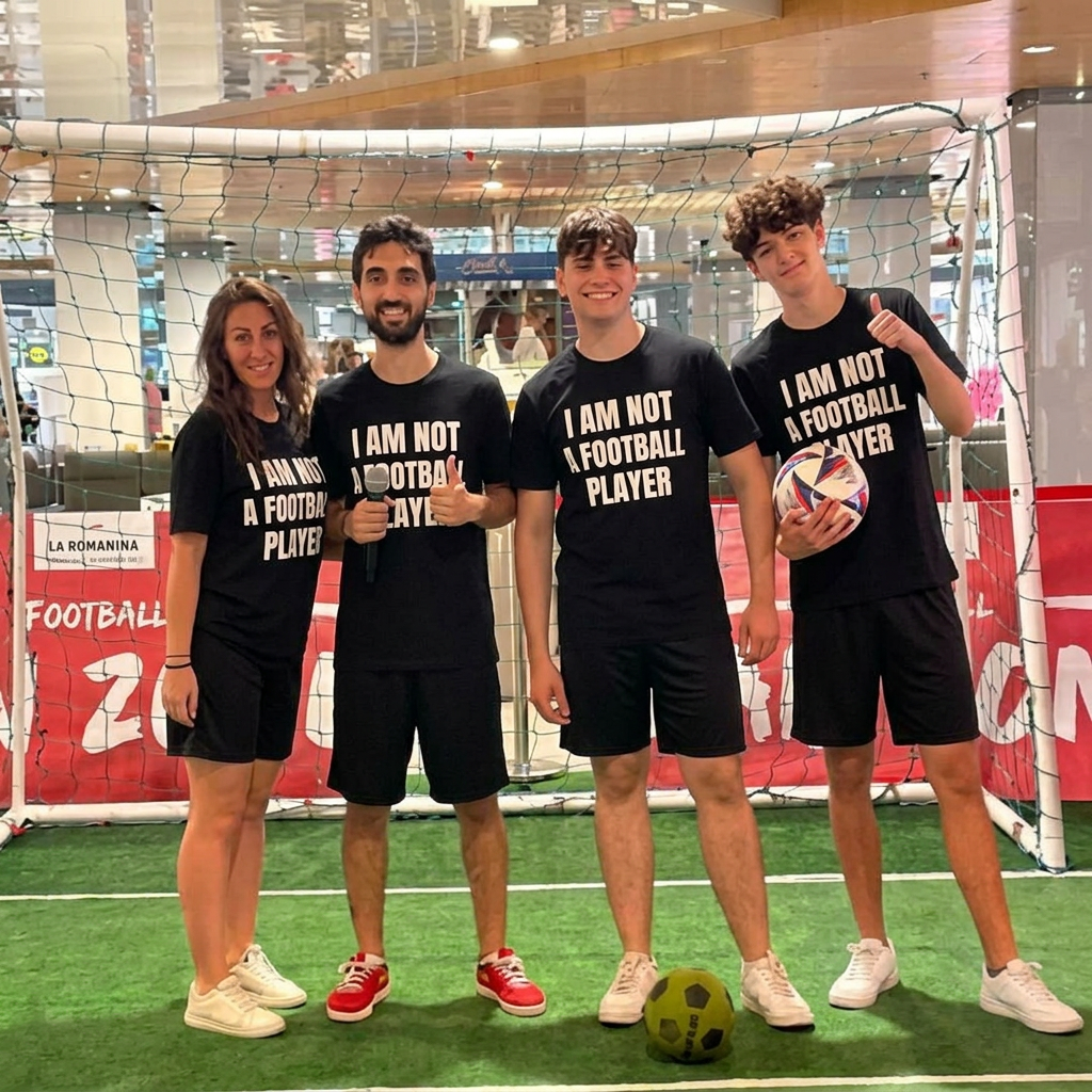 AI Design for ler persone in foto deveono indossare una maglia nera con scritto I AM NOT A FOOTBALL PLAYER