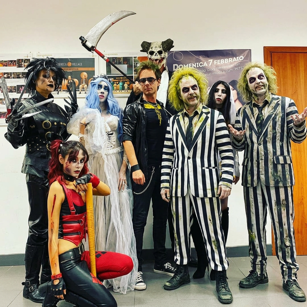 AI Design for IN QUESTA FOTO INSERISCI BEETLEJUICE E TOGLI UOMO LUPO E FRANKENSTEIN