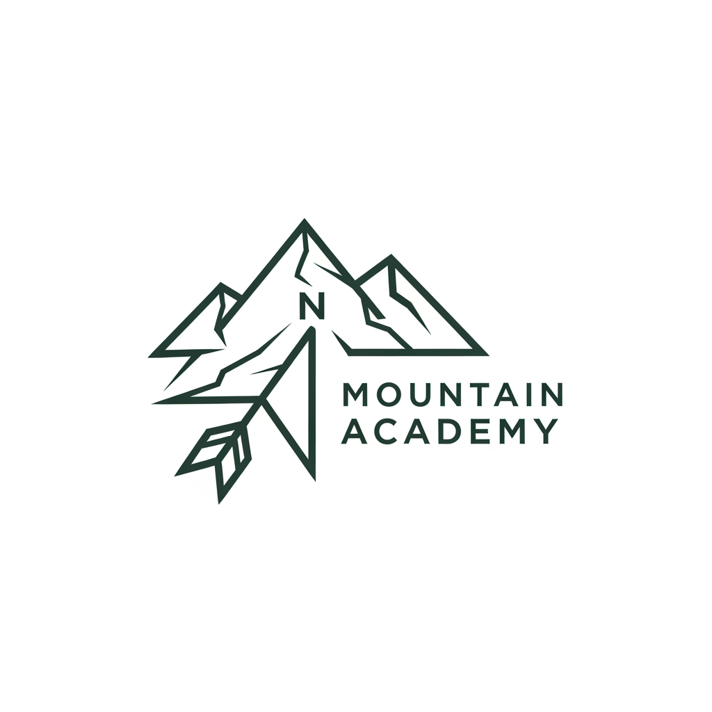 AI Design for I want to create logo for Mountain Academy - that is a center for educating mountain guides about orientation, mountaineering, guiding, first aid, rescue etc, everything that is connected to the mountaineering and hiking. Logo needs to be serious and professional, and people have to know what is about when they see it. Keep it really simple and minimalistic, one or two colors only, without AI ilustrations of mountains etc. Keep it even more simple and straightforward. the last one isnt bad, give me variations like that. give me something with better design. lets try to combine mountain silhouete/lineart and compass arrow, but keep it minimal, simple, professional and not that much AI. KEEP GEOMETRY clean