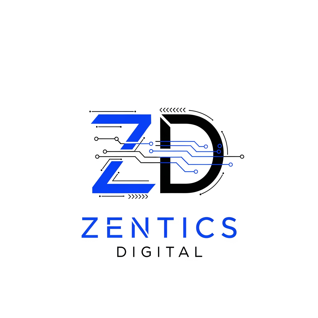 AI Design for "Create a modern, professional logo for 'Zentics Digital'. Use a clean minimalist design with a futuristic technology theme. Incorporate the letters 'ZD' in a sleek geometric style. Colors: electric blue, black, and white. Include subtle digital elements such as circuit lines or abstract tech patterns. Premium, scalable, suitable for YouTube, website, and social media branding. High-quality vector style, sharp and modern."