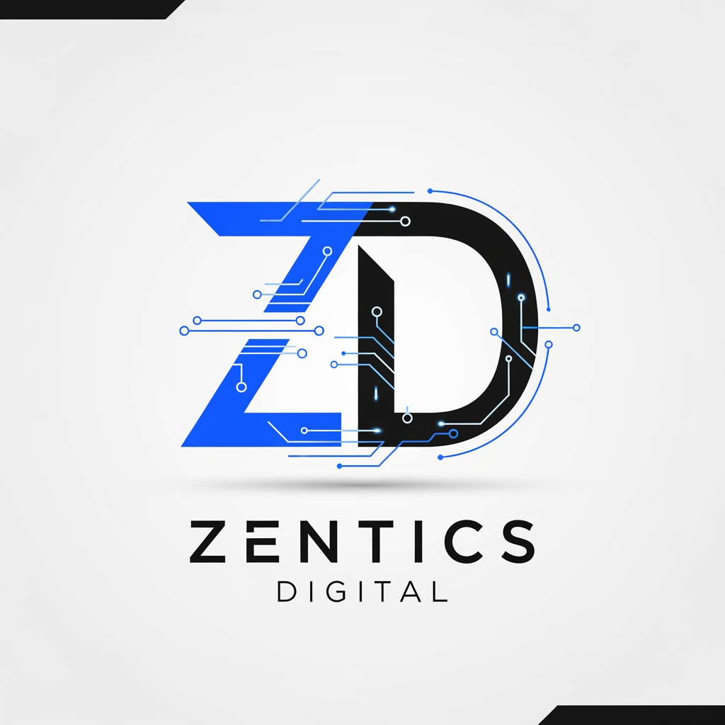 AI Design for "Create a modern, professional logo for 'Zentics Digital'. Use a clean minimalist design with a futuristic technology theme. Incorporate the letters 'ZD' in a sleek geometric style. Colors: electric blue, black, and white. Include subtle digital elements such as circuit lines or abstract tech patterns. Premium, scalable, suitable for YouTube, website, and social media branding. High-quality vector style, sharp and modern."