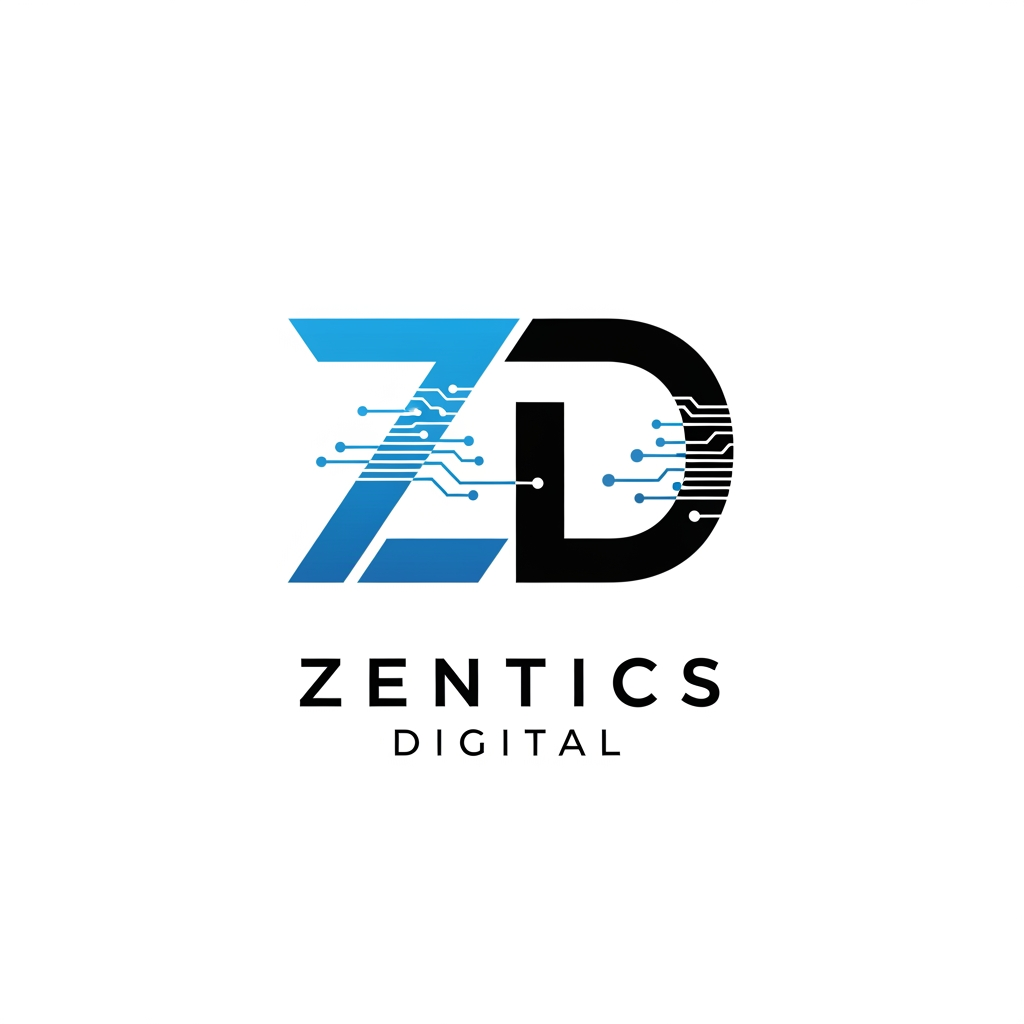 AI Design for "Create a modern, professional logo for 'Zentics Digital'. Use a clean minimalist design with a futuristic technology theme. Incorporate the letters 'ZD' in a sleek geometric style. Colors: electric blue, black, and white. Include subtle digital elements such as circuit lines or abstract tech patterns. Premium, scalable, suitable for YouTube, website, and social media branding. High-quality vector style, sharp and modern."