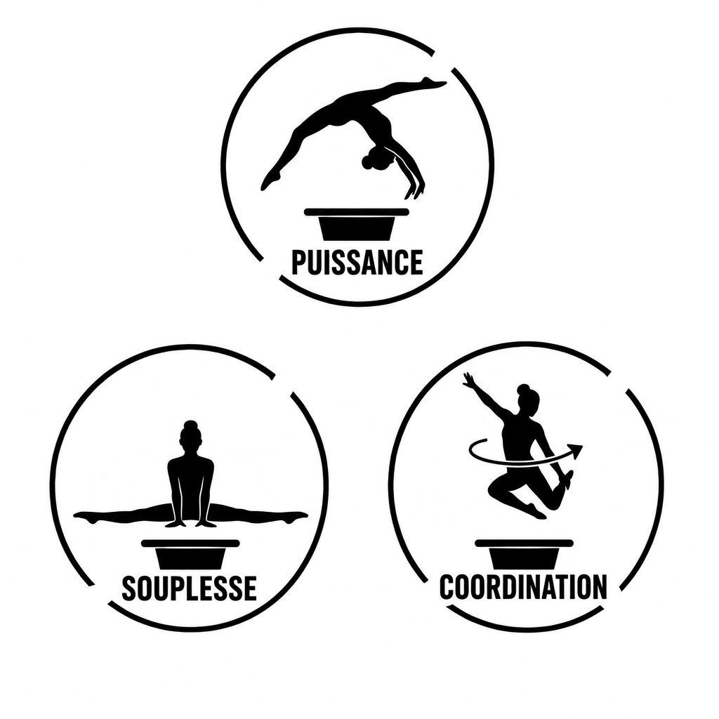 AI Design for Salut mec, peux tu me changer le pictogramme de la puissance par une roulade arrière bras et jambes tendus, le pictogramme de la souplesse par un pictogramme de grand écart et le pictogramme de coordination par un pictogramme de saut extension demi tour