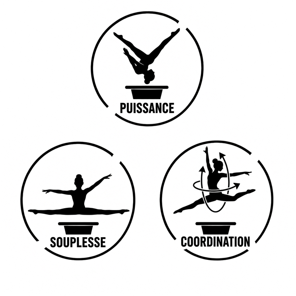 AI Design for Salut mec, peux tu me changer le pictogramme de la puissance par une roulade arrière bras et jambes tendus, le pictogramme de la souplesse par un pictogramme de grand écart et le pictogramme de coordination par un pictogramme de saut extension demi tour