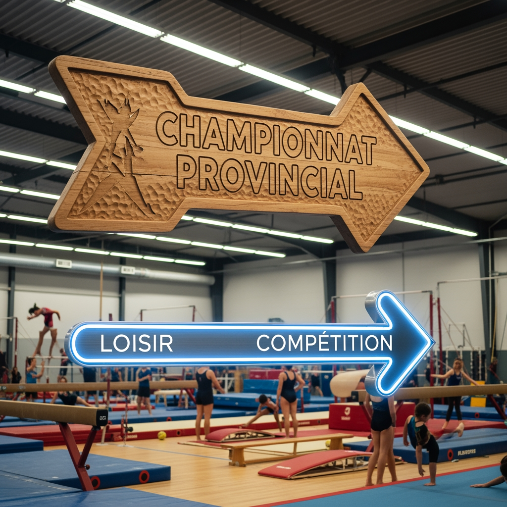 AI Design for Une flèche avec championnat provincial écrit dessus avec comme décor une salle de gymnastique et une flèche pour passer d'un groupe loisir à un groupe compétition
