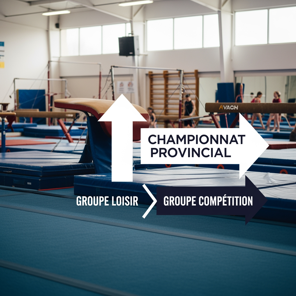 AI Design for Une flèche avec championnat provincial écrit dessus avec comme décor une salle de gymnastique et une flèche pour passer d'un groupe loisir à un groupe compétition