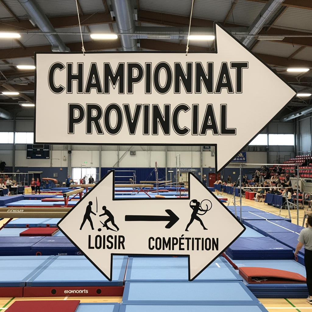AI Design for Une flèche avec championnat provincial écrit dessus avec comme décor une salle de gymnastique et une flèche pour passer d'un groupe loisir à un groupe compétition