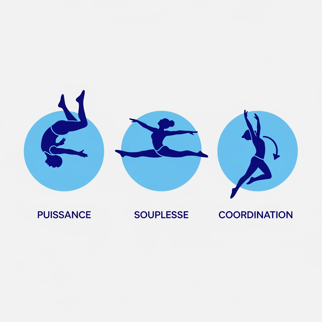 AI Design for peut tu me changer le pictogramme de la puissance par une roulade arrière bras et jambes tendus, le pictogramme de la souplesse par un pictogramme de grand écart et le pictogramme de coordination par un pictogramme de saut extension demi tour sur l'image que je vais t'envoyer