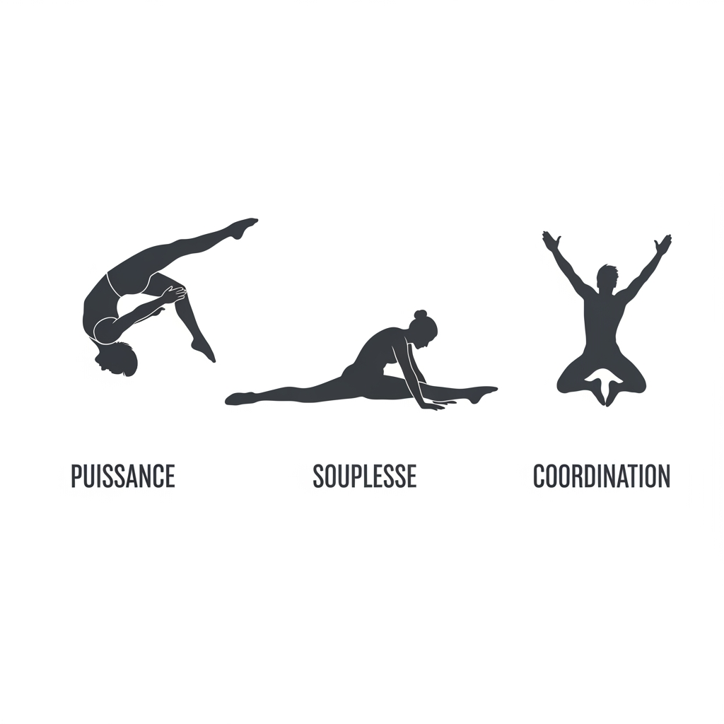 AI Design for peut tu me changer le pictogramme de la puissance par une roulade arrière bras et jambes tendus, le pictogramme de la souplesse par un pictogramme de grand écart et le pictogramme de coordination par un pictogramme de saut extension demi tour sur l'image que je vais t'envoyer