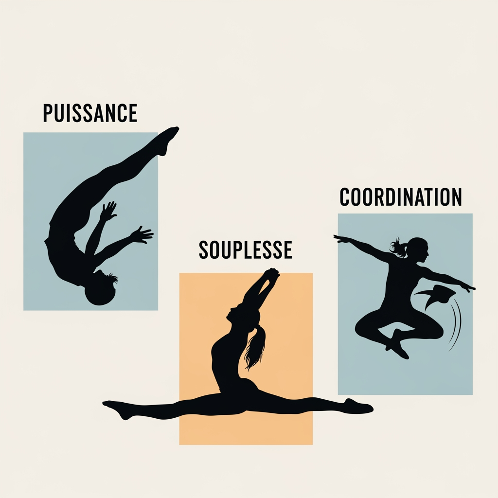 AI Design for peut tu me changer le pictogramme de la puissance par une roulade arrière bras et jambes tendus, le pictogramme de la souplesse par un pictogramme de grand écart et le pictogramme de coordination par un pictogramme de saut extension demi tour sur l'image que je vais t'envoyer