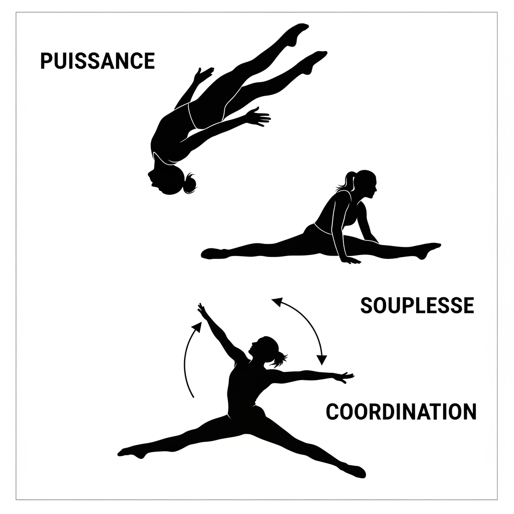 AI Design for peut tu me changer le pictogramme de la puissance par une roulade arrière bras et jambes tendus, le pictogramme de la souplesse par un pictogramme de grand écart et le pictogramme de coordination par un pictogramme de saut extension demi tour sur l'image que je vais t'envoyer