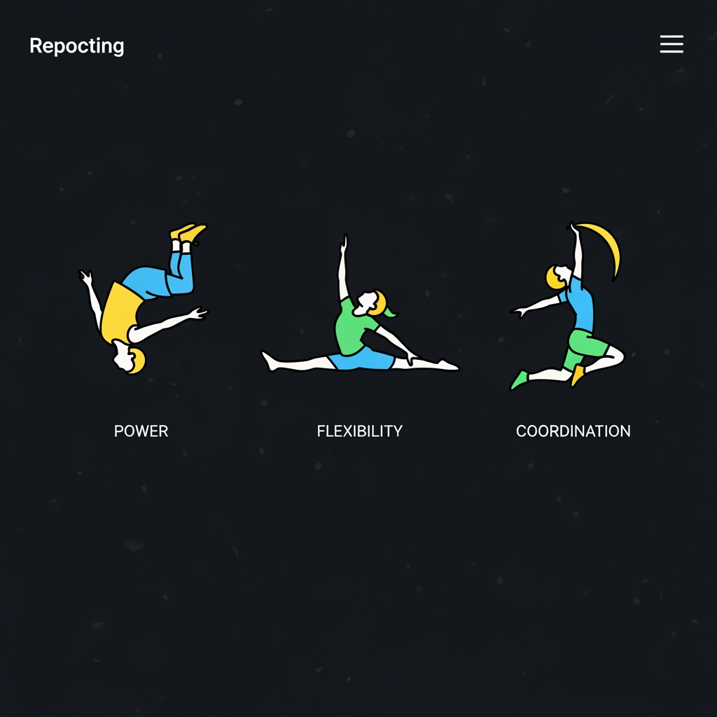 AI Design for peut tu me changer le pictogramme de la puissance par une roulade arrière bras et jambes tendus, le pictogramme de la souplesse par un pictogramme de grand écart et le pictogramme de coordination par un pictogramme de saut extension demi tour sur l'image que je vais t'envoyer