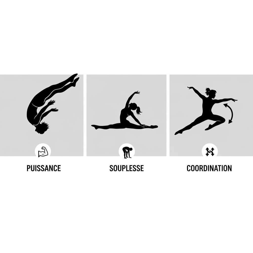 AI Design for peut tu me changer le pictogramme de la puissance par une roulade arrière bras et jambes tendus, le pictogramme de la souplesse par un pictogramme de grand écart et le pictogramme de coordination par un pictogramme de saut extension demi tour sur l'image que je vais t'envoyer