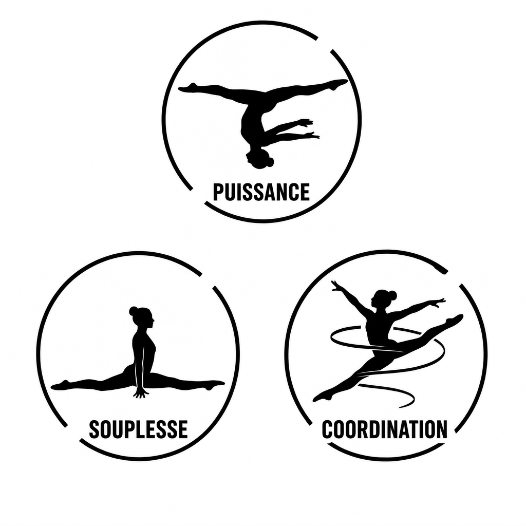 AI Design for peut tu me changer le pictogramme de la puissance par une roulade arrière bras et jambes tendus, le pictogramme de la souplesse par un pictogramme de grand écart et le pictogramme de coordination par un pictogramme de saut extension demi tour sur l'image que je vais t'envoyer