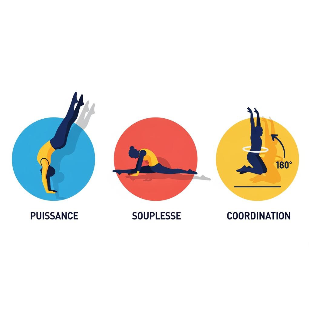 AI Design for peut tu me changer le pictogramme de la puissance par une roulade arrière bras et jambes tendus, le pictogramme de la souplesse par un pictogramme de grand écart et le pictogramme de coordination par un pictogramme de saut extension demi tour sur l'image que je vais t'envoyer