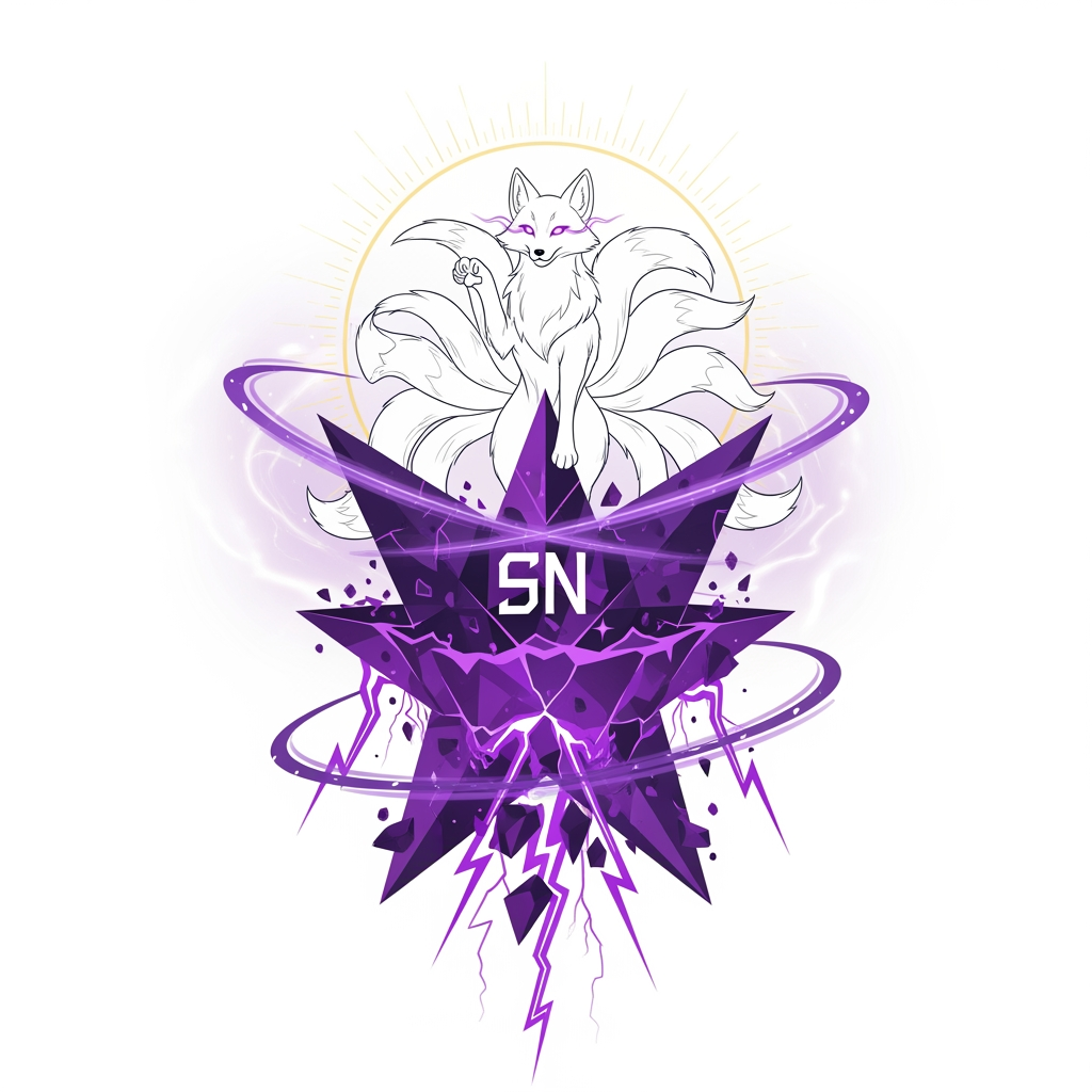 AI Design for Design a world-class anime brand logo for "SenpaiNova", featuring an ancient celestial fox spirit emerging from a collapsing purple star, SN monogram hidden within the cosmic structure, violet lightning, galaxy energy rings, divine aura, luxury anime identity, minimalist yet powerful silhouette, clean vector artwork, transparent background, highly memorable and premium.