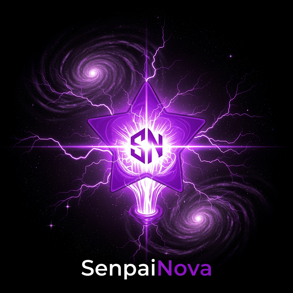 AI Design for Create an ultra-premium logo for "SenpaiNova", featuring a collapsing purple star at the center, hidden SN monogram formed by cosmic energy, dark galaxy aura, violet lightning, black and purple color palette, sharp symmetrical design, luxury anime brand identity, clean vector artwork, transparent background, 4K quality, iconic and futuristic.