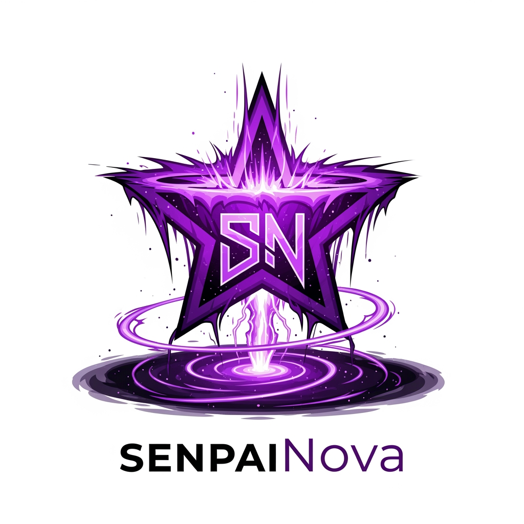 AI Design for Create an ultra-premium logo for "SenpaiNova", featuring a collapsing purple star at the center, hidden SN monogram formed by cosmic energy, dark galaxy aura, violet lightning, black and purple color palette, sharp symmetrical design, luxury anime brand identity, clean vector artwork, transparent background, 4K quality, iconic and futuristic.