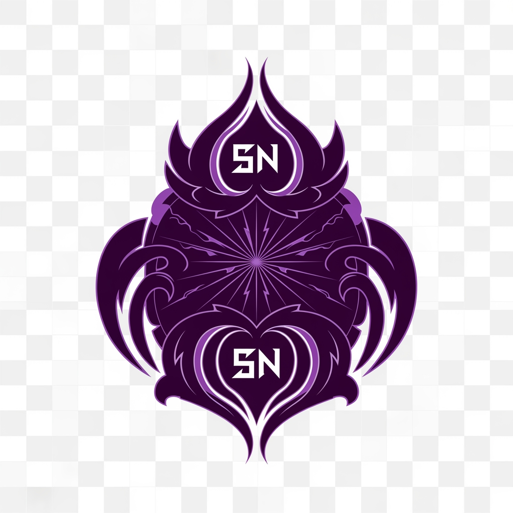AI Design for Create a luxury anime organization logo for "SenpaiNova", featuring a modern Japanese clan crest fused with hidden SN initials, dark purple energy, elegant symmetrical design, anime monarch aesthetic, clean vector artwork, transparent background, 4K quality.