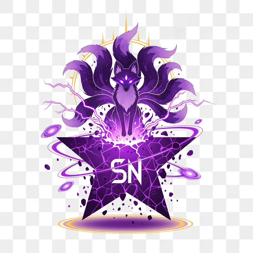 AI Design for Design a world-class anime brand logo for "SenpaiNova", featuring an ancient celestial fox spirit emerging from a collapsing purple star, SN monogram hidden within the cosmic structure, violet lightning, galaxy energy rings, divine aura, luxury anime identity, minimalist yet powerful silhouette, clean vector artwork, transparent background, highly memorable and premium.