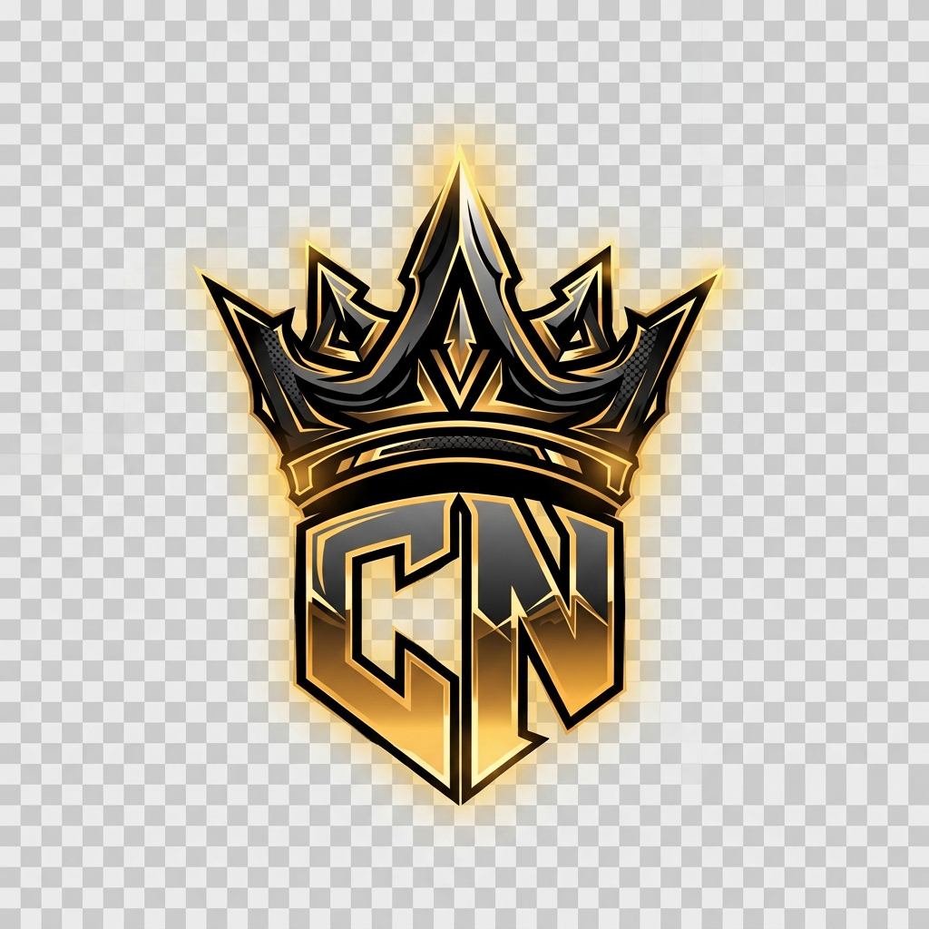 AI Design for Create a premium esports logo for "Clutch Nation", featuring a bold CN monogram fused into a sharp crown, black and gold color scheme, aggressive modern esports style, glowing golden accents, clean vector design, symmetrical composition, ultra detailed, suitable for YouTube, esports organization branding, transparent background, 4K.