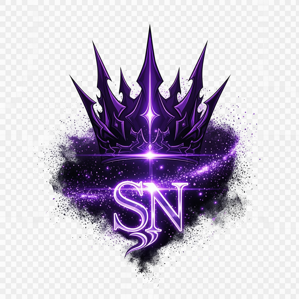 AI Design for Design a legendary anime logo for SenpaiNova inspired by dark monarch energy, featuring a crown made of purple lightning, glowing SN initials, cosmic particles, black and violet color scheme, ultra detailed vector design, transparent background.