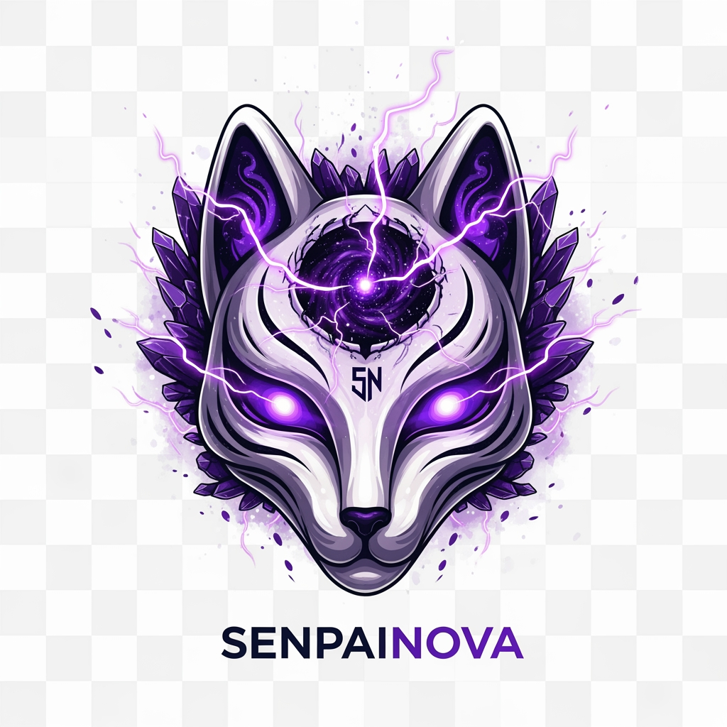 AI Design for Create a legendary anime organization logo for "SenpaiNova", featuring a celestial fox deity mask forged from cosmic energy, hidden SN monogram integrated seamlessly into the design, glowing violet eyes, dark galaxy core at the center, purple lightning storms, shattered crystal aura, divine anime monarch aesthetics, ultra sharp symmetrical composition, luxury esports and anime branding, clean vector artwork, transparent background, cinematic lighting, iconic silhouette, instantly recognizable from a distance, 4K quality.
