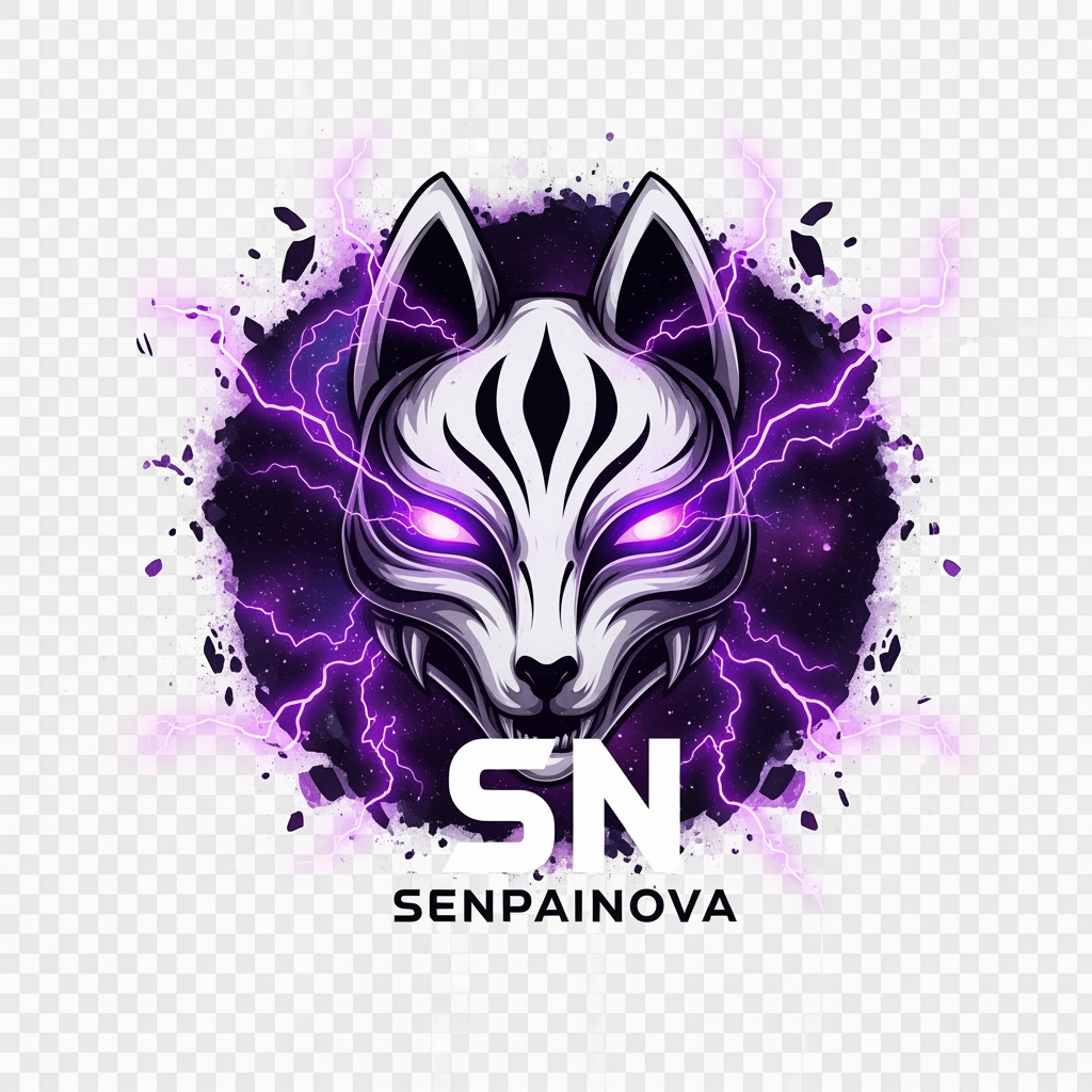 AI Design for Create an ultra-premium logo for "SenpaiNova", featuring a mystical fox spirit mask merged with the letters SN, glowing neon purple eyes, dark cosmic aura, violet lightning, shattered energy effects, luxury anime branding, symmetrical composition, sharp aggressive details, clean vector artwork, transparent background, 4K quality, iconic and instantly recognizable like a top anime organization logo.