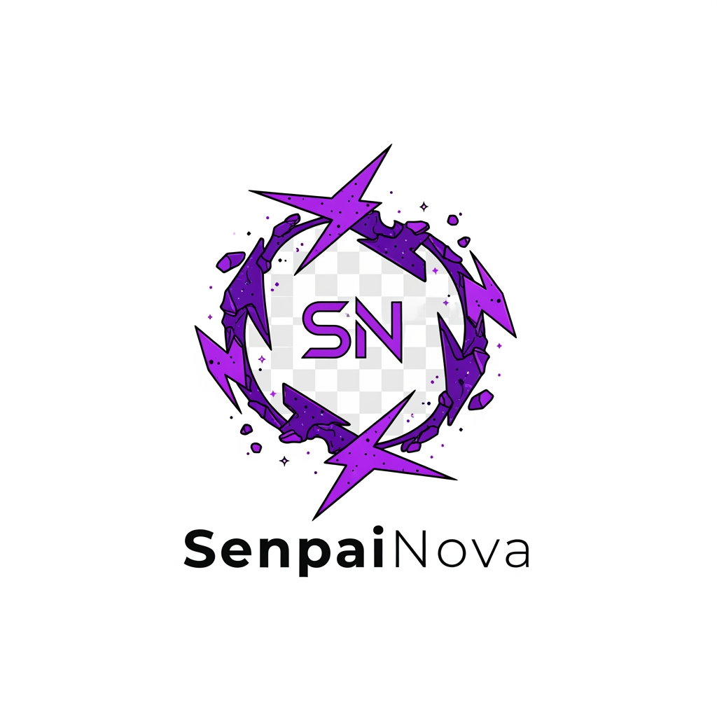 AI Design for Design a world-class logo for "SenpaiNova", featuring a unique abstract aura symbol formed from purple lightning and cosmic fragments, hidden SN monogram, minimal yet powerful, luxury anime organization branding, vector artwork, transparent background, 4K quality.